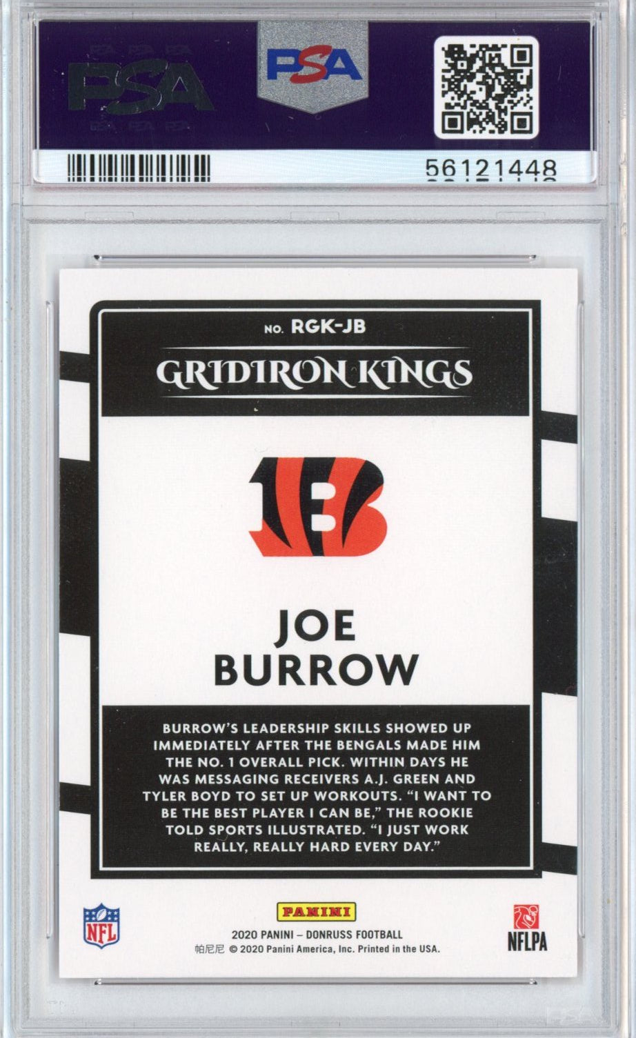 Graded 2020 Panini Donruss Joe Burrow #RGKJB Gridiron Kings Rookie RC Football Card PSA 10 Gem Mint