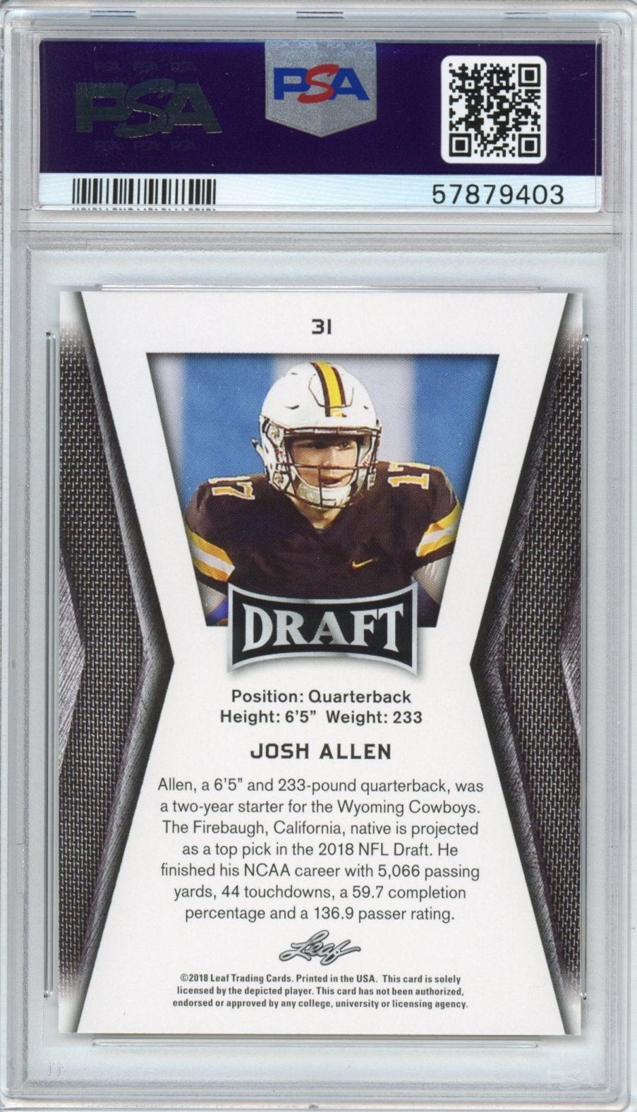 Graded 2018 Leaf Draft Josh Allen #31 Gold Rookie RC Football Card PSA 10 Gem Mint