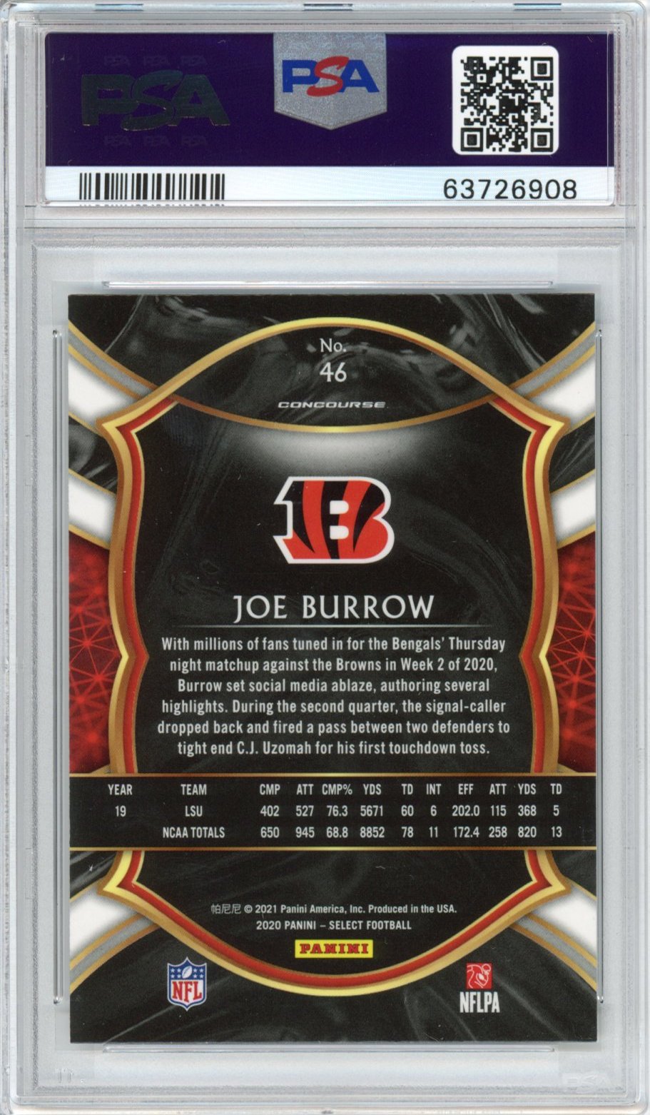 Graded 2020 Panini Select Joe Burrow #46 Concourse Rookie RC Football Card PSA 10 Gem Mint