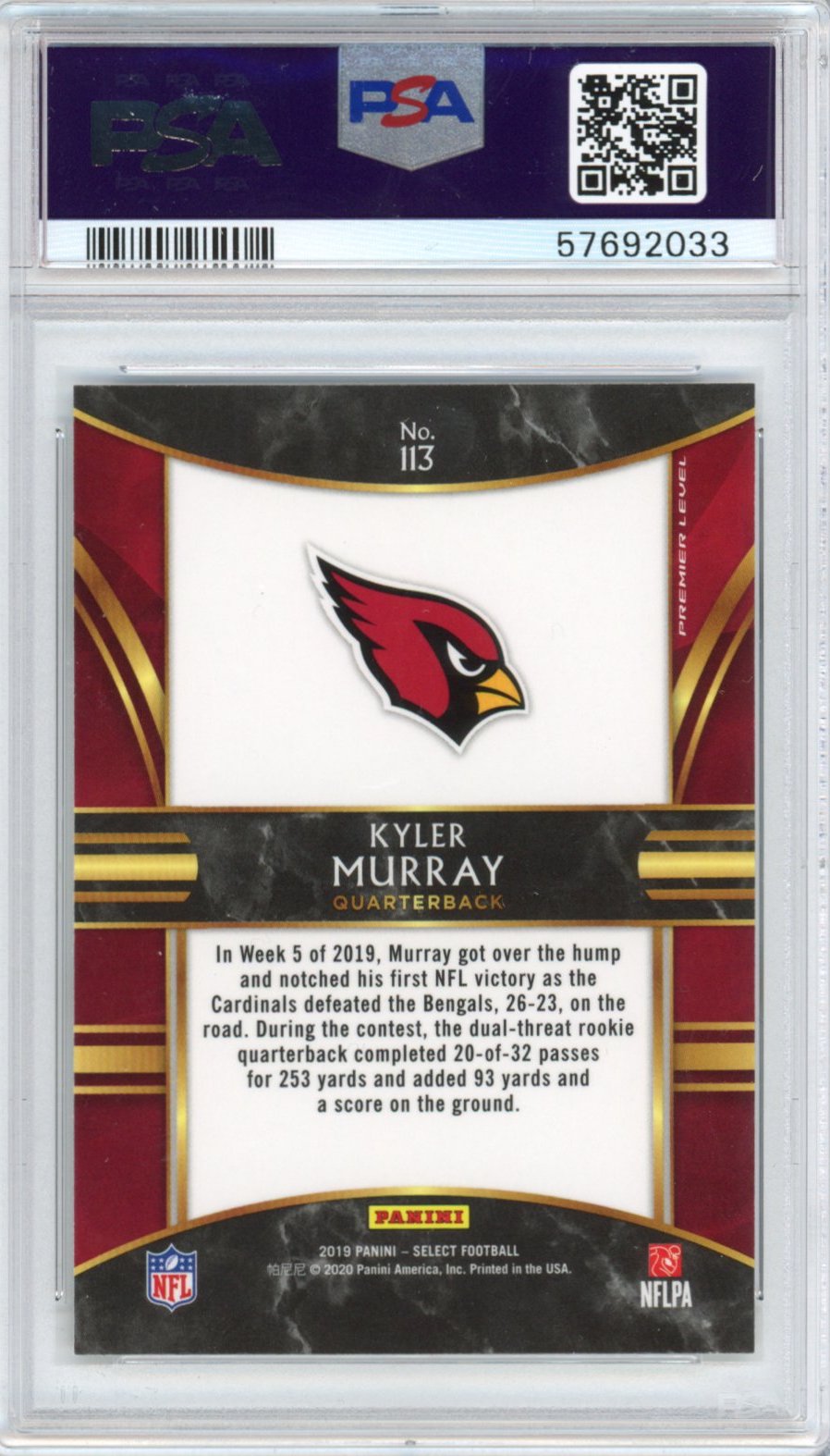 Graded 2019 Panini Select Kyler Murray #113 Rookie RC Football Card PSA 10 Gem Mint