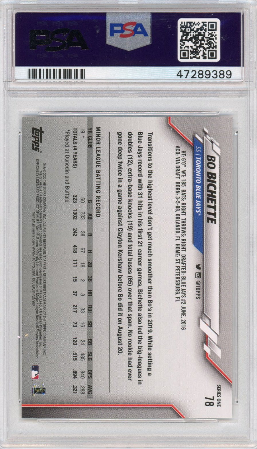 Graded 2020 Topps Bo Bichette #78 Rookie RC Baseball Card PSA 10 Gem Mint