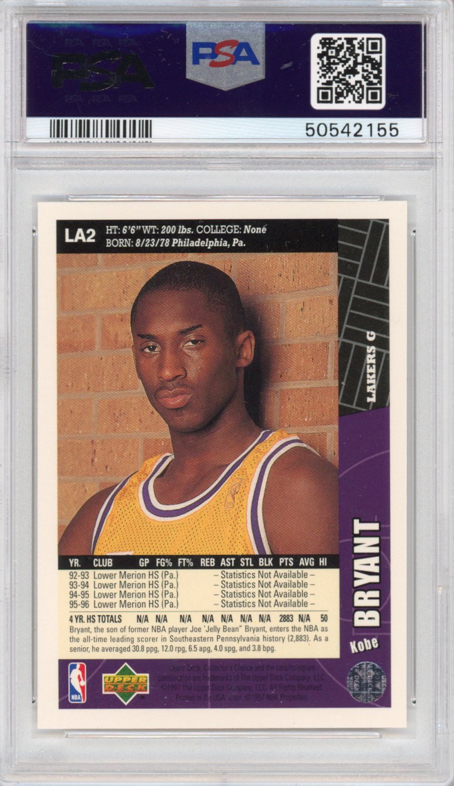 Graded 1996-97 Collector's Choice Kobe Bryant #LA2 Lakers Team Set Rookie RC Basketball Card PSA 10 Gem Mint