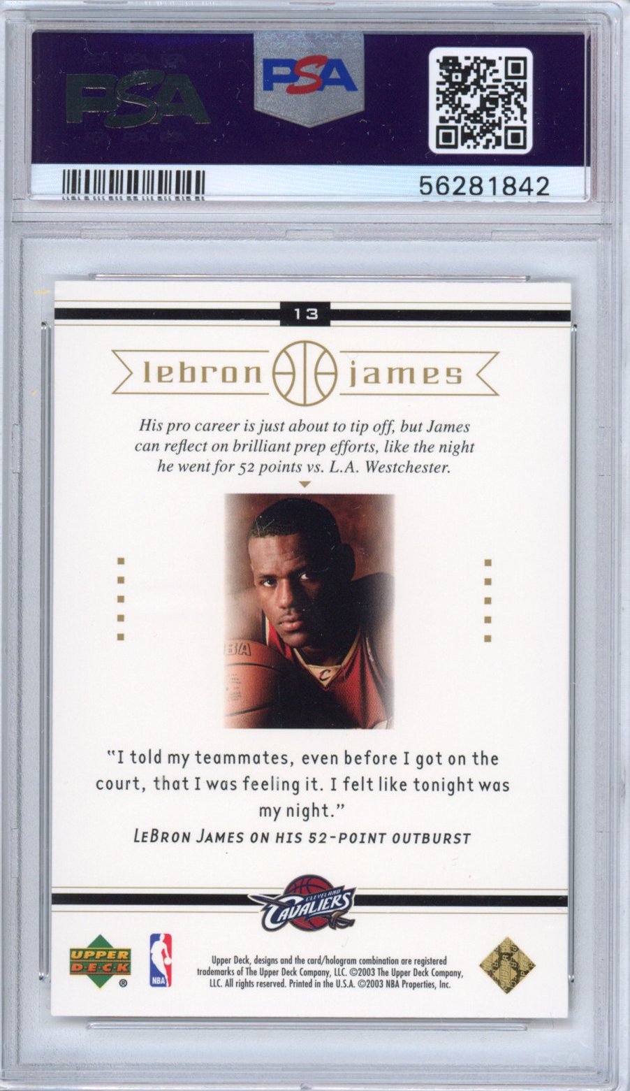 Graded 2003-04 Upper Deck LeBron James #13 Box Set Rookie RC Basketball Card PSA 10 Gem Mint
