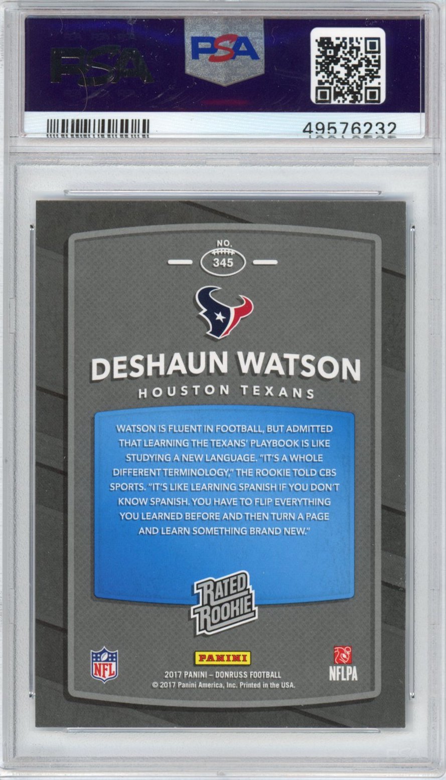 Graded 2017 Panini Donruss Deshaun Watson #345 Rookie RC Football Card PSA 10 Gem Mint