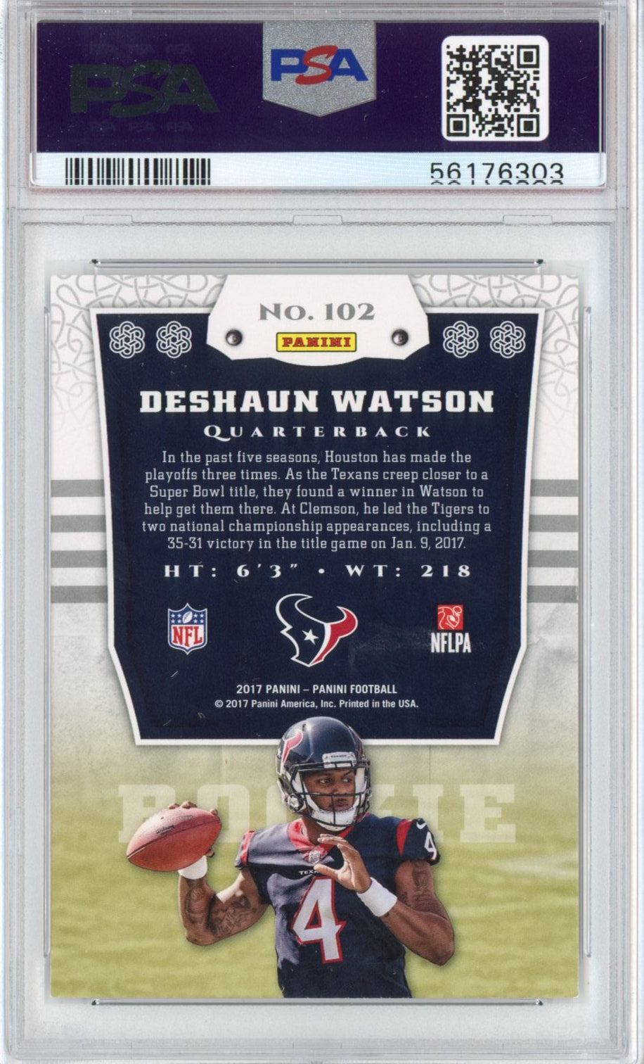 Graded 2017 Panini Deshaun Watson #102 Rookie RC Football Card PSA 10 Gem Mint