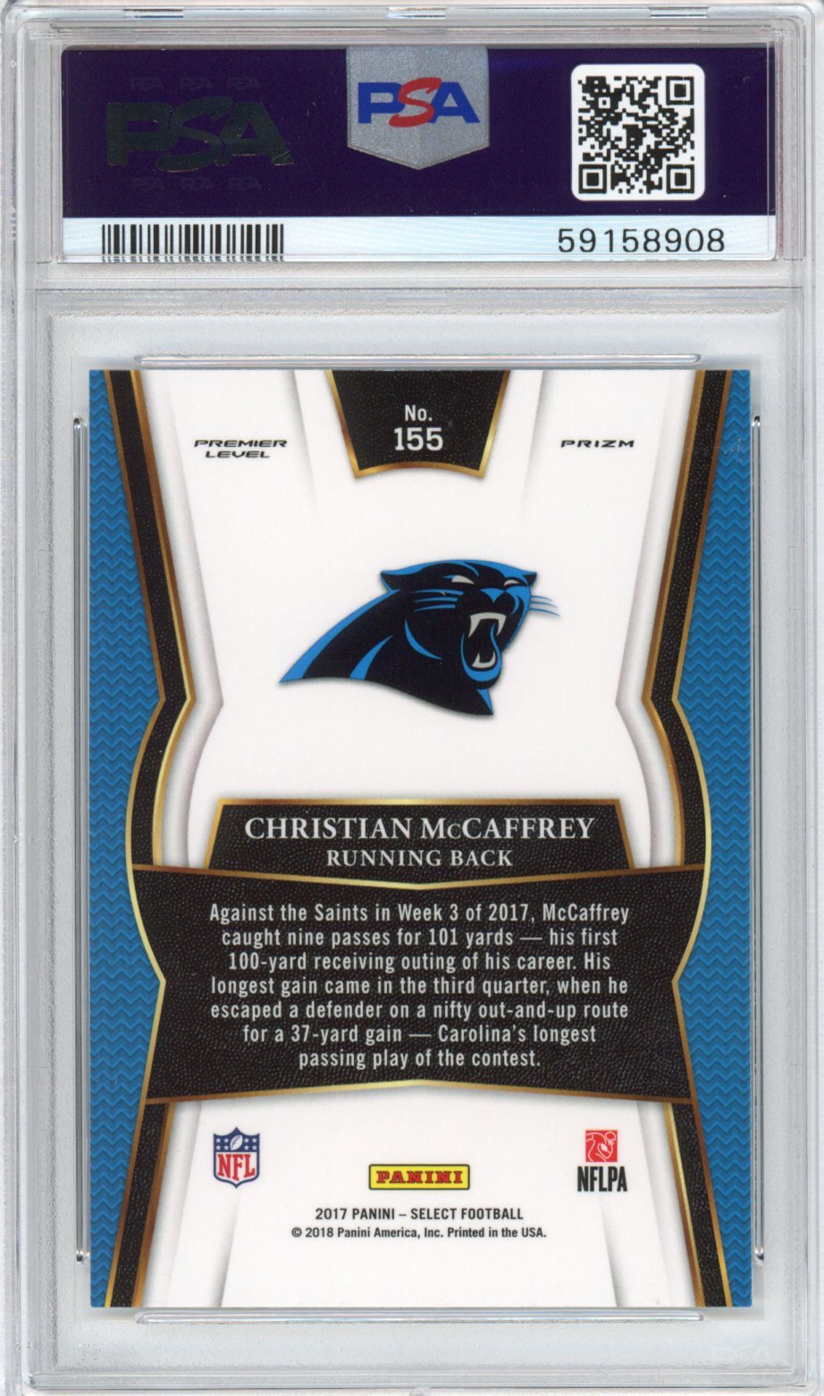 Graded 2017 Panini Select Christian McCaffrey #155 Premier Level Prizm Rookie RC Football Card PSA 10 Gem Mint