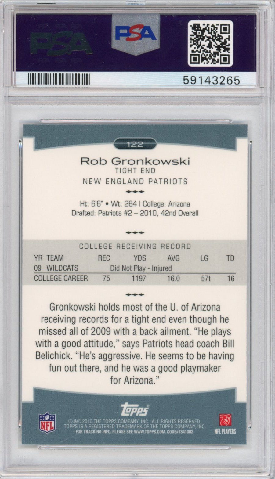 Graded 2010 Topps Platinum Rob Gronkowski #122 Rookie RC Football Card PSA 10 Gem Mint