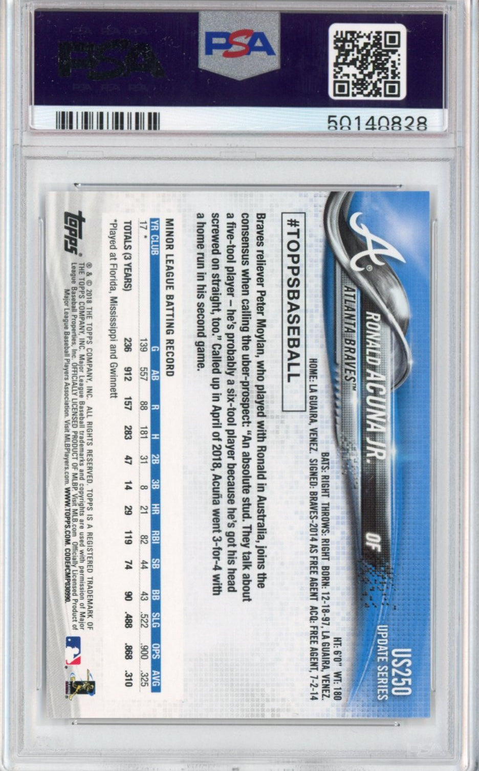 Graded 2018 Topps Update Ronald Acuna Jr. #US250 At-Bat In Blue Jersey Rookie RC Baseball Card PSA 10 Gem Mint