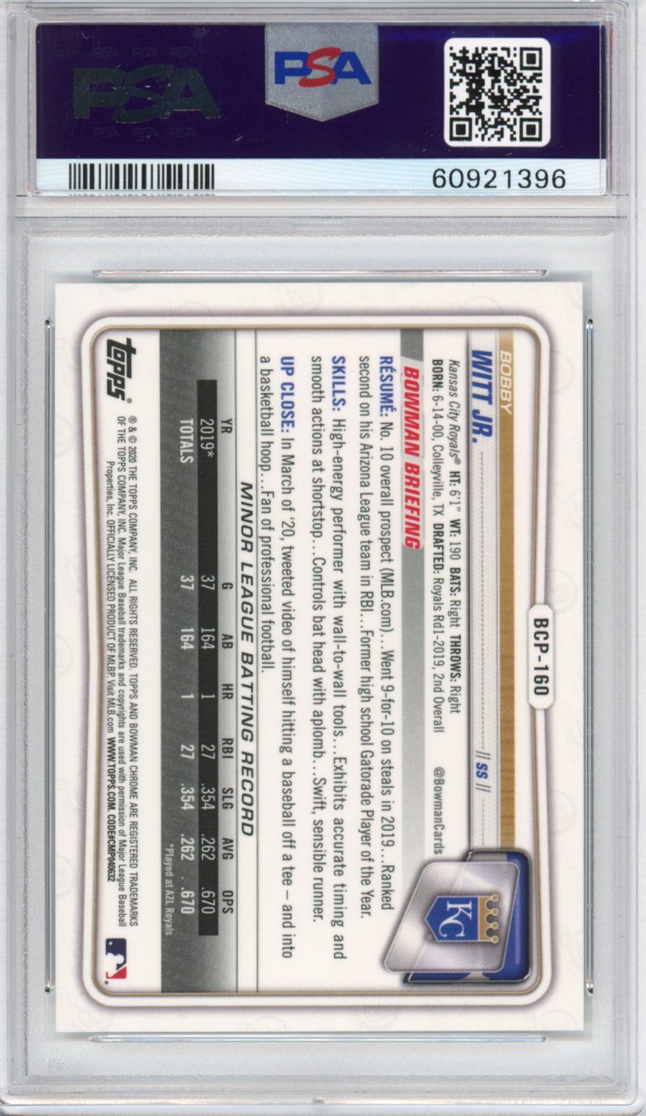 Graded 2020 Topps Bowman Chrome Bobby Witt Jr. #BCP160 Prospects Rookie RC Baseball Card PSA 10 Gem Mint