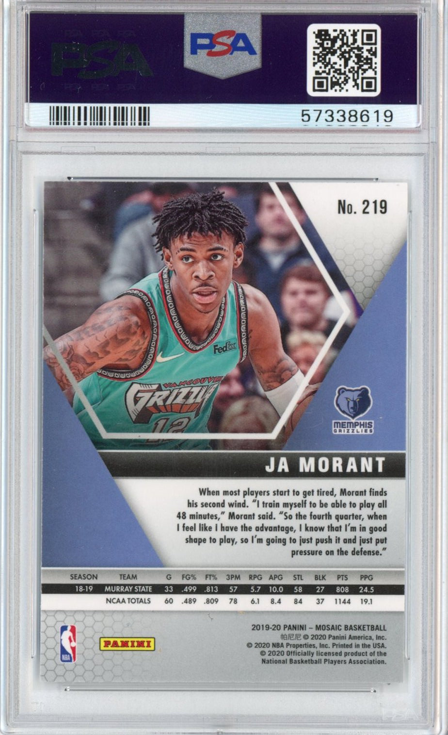 Graded 2019-20 Panini Mosaic Ja Morant #219 Rookie RC Basketball Card PSA 10 Gem Mint