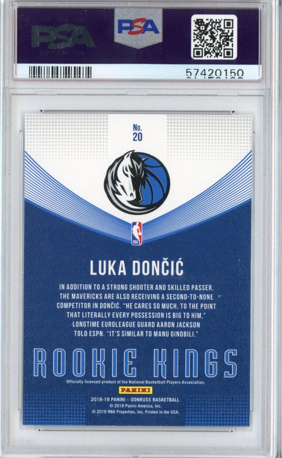 Graded 2018-19 Panini Donruss Luka Doncic #20 Rookie Kings RC Basketball Card PSA 10 Gem Mint