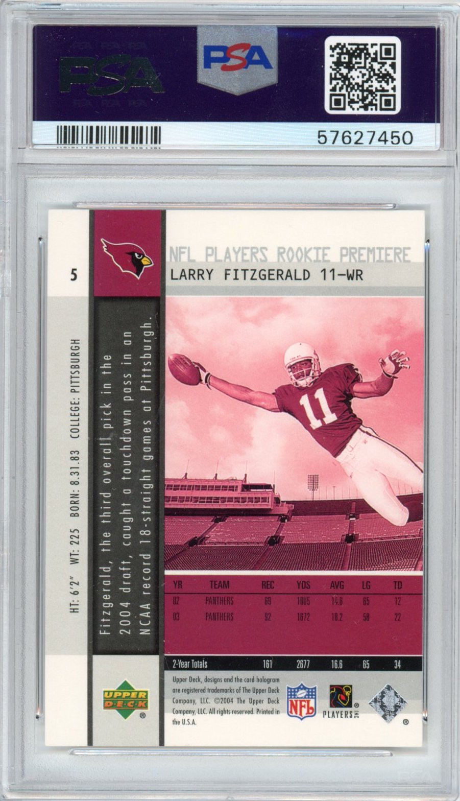 Graded 2004 Upper Deck UD Premiere Larry Fitzgerald #5 Rookie RC Football Card PSA 10 Gem Mint