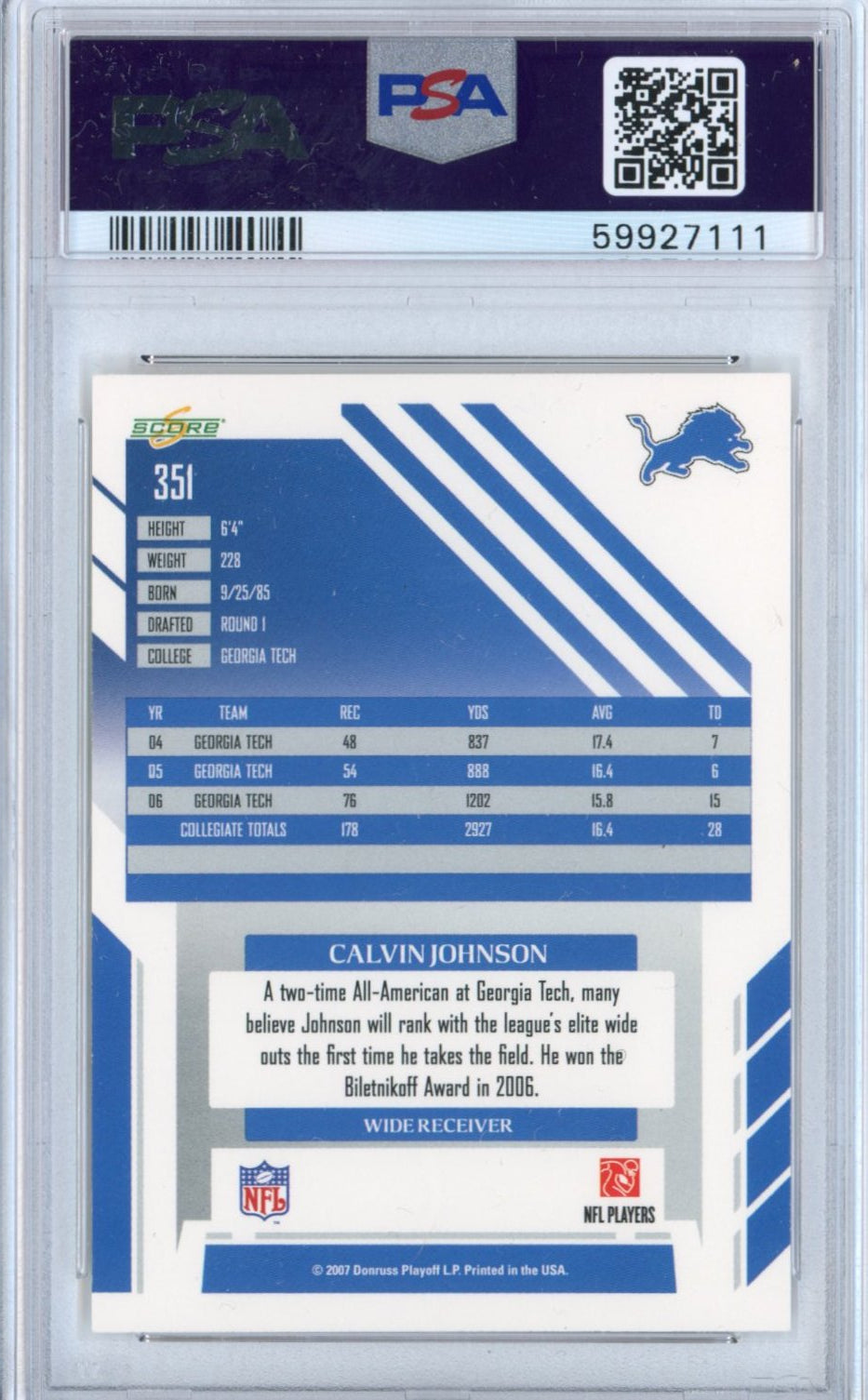 Graded 2007 Score Calvin Johnson #351 Rookie RC Football Card PSA 10 Gem Mint