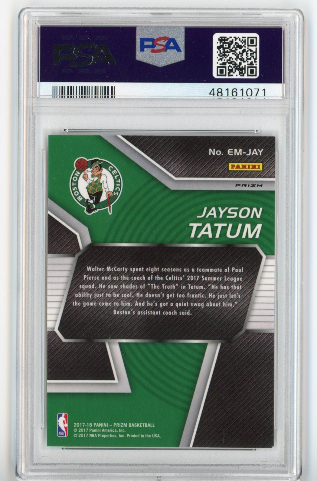 Graded 2017-18 Panini Prizm Jayson Tatum #EMJAY Green Emergent Prizm Rookie RC Basketball Card PSA 10 Gem Mint