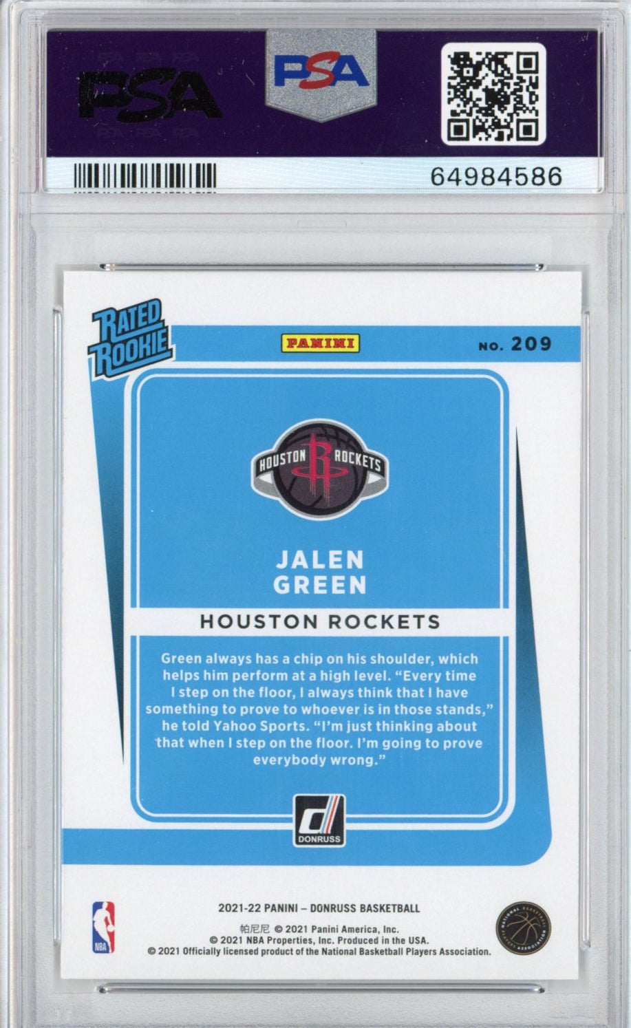 Graded 2021-22 Panini Donruss Jalen Green #209 Rookie RC Basketball Card PSA 10 Gem Mint