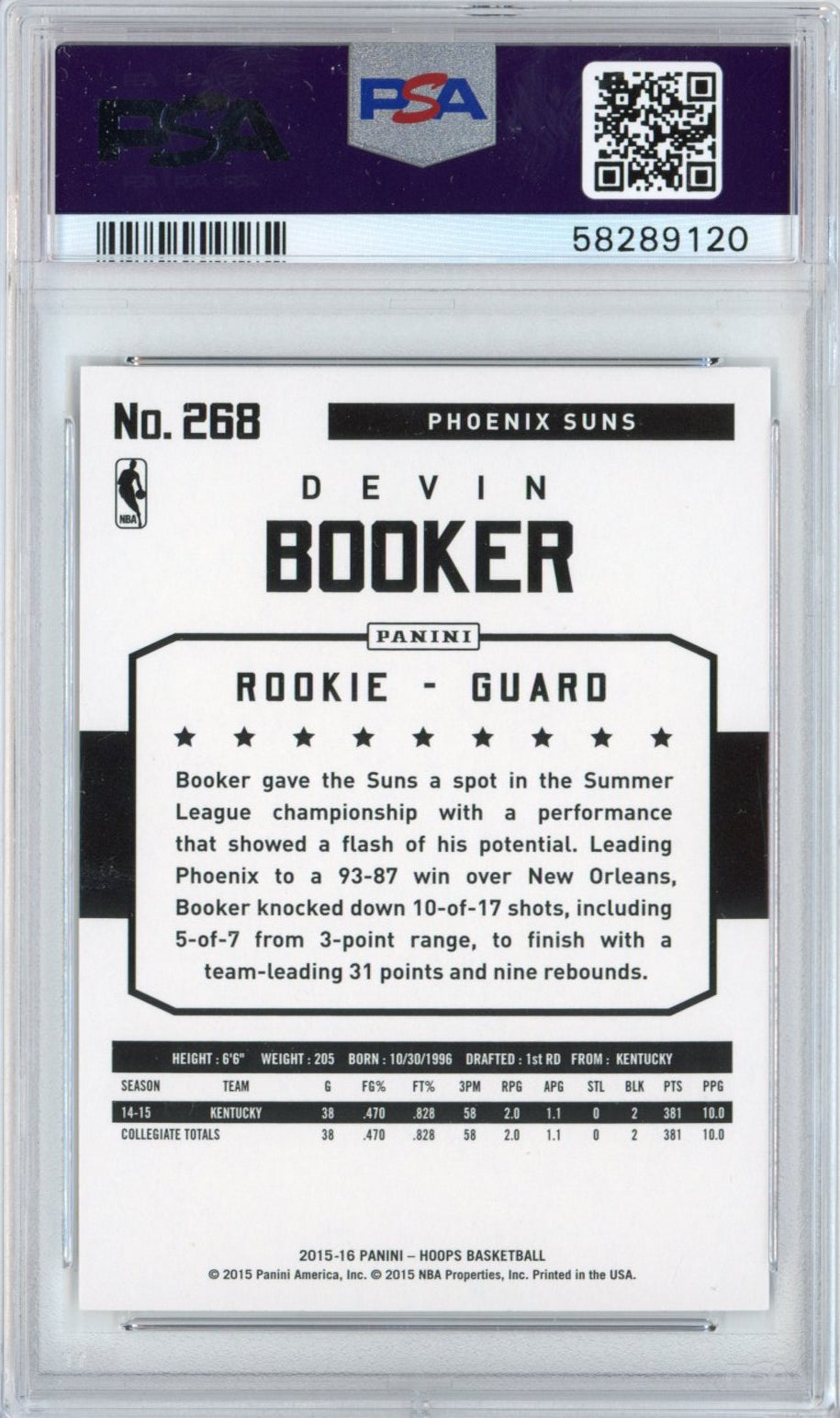 Graded 2015-16 Panini Hoops Devin Booker #268 Rated Rookie RC Basketball Card PSA 10 Gem Mint
