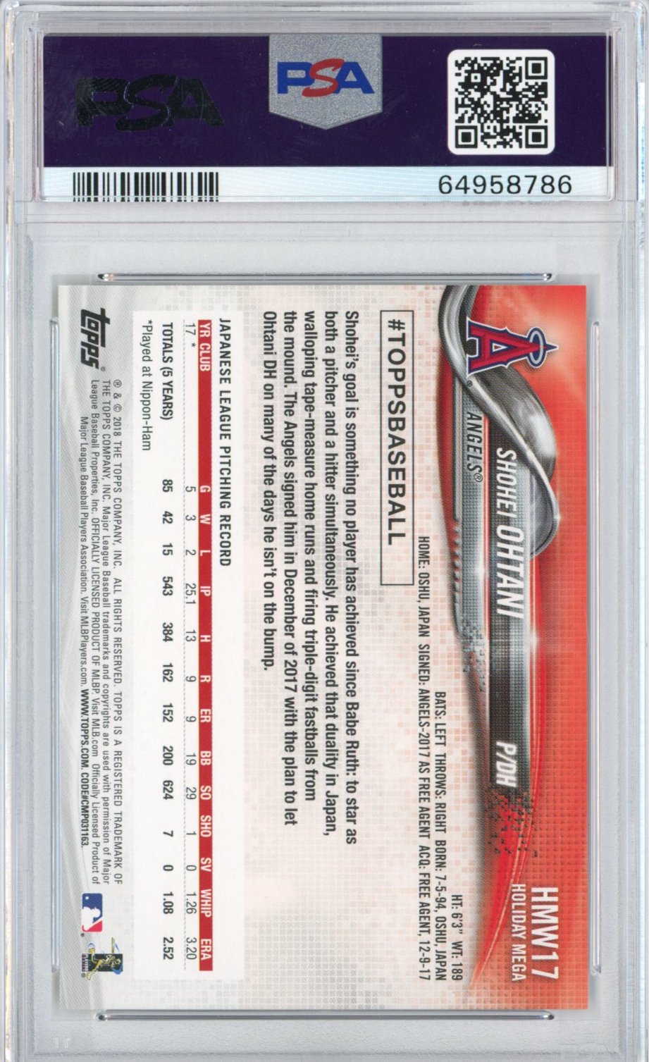 Graded 2018 Topps Holiday Shohei Ohtani #17 Rookie RC Baseball Card PSA 10 Gem Mint