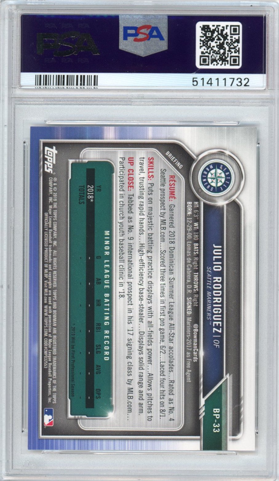Graded 2019 Bowman Julio Rodriguez #BP33 Paper Prospects Rookie RC Baseball Card PSA 10 Gem Mint