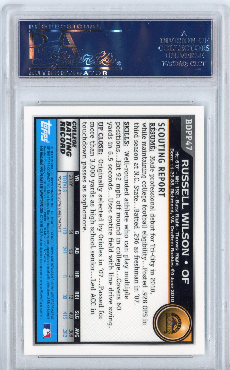 Graded 2010 Bowman Draft Picks & Prospects Russell Wilson #BDPP47 Chrome Rookie RC Football Card PSA 10 Gem Mint