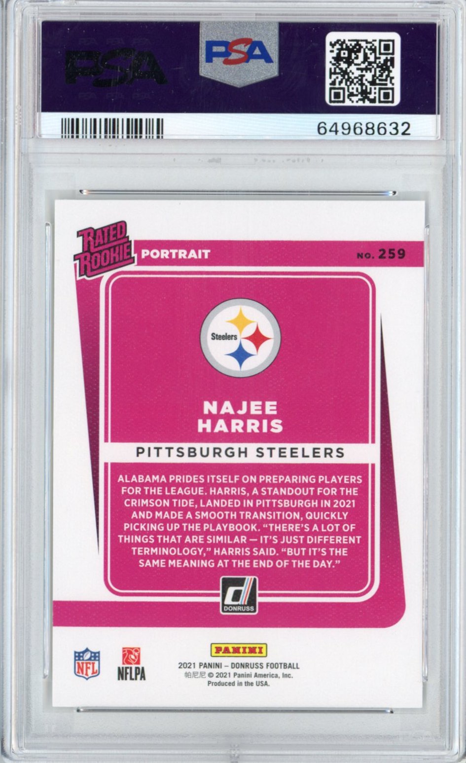 Graded 2021 Panini Donruss Najee Harris #259 Portrait Rated Rookie RC Football Card PSA 10 Gem Mint