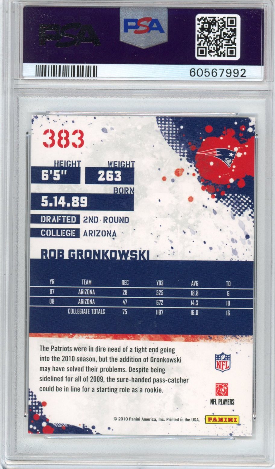 Graded 2010 Score Rob Gronkowski #383 Rookie RC Football Card PSA 10 Gem Mint