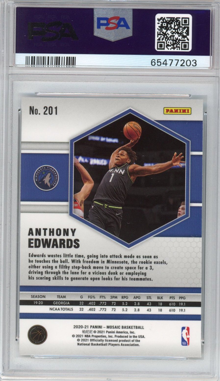 Graded 2020-21 Panini Mosaic Anthony Edwards #201 Rookie RC Basketball Card PSA 10 Gem Mint