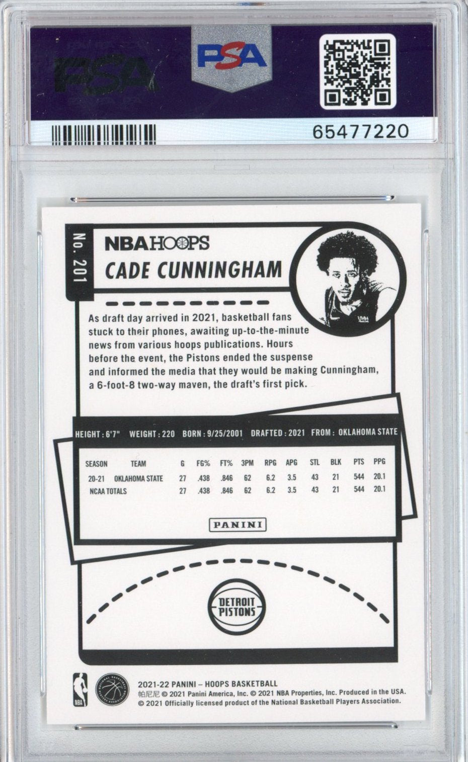 Graded 2021-22 Panini NBA Hoops Cade Cunningham #201 Rookie RC Basketball Card PSA 10 Gem Mint