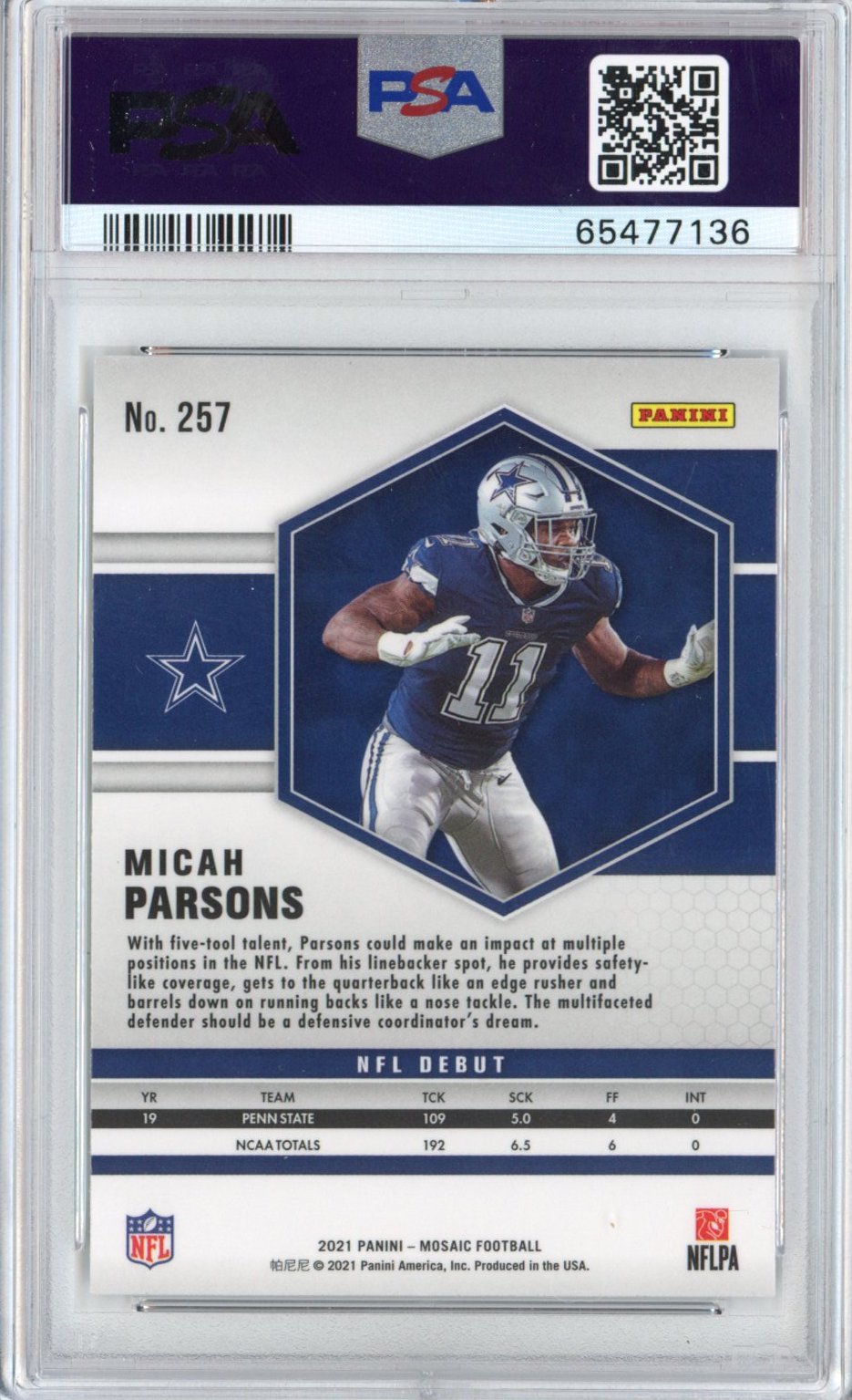 Graded 2021 Panini Mosaic Micah Parsons #257 Rookie RC Football Card PSA 10 Gem Mint