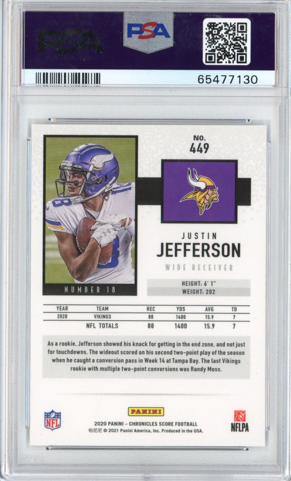Graded 2020 Panini Chronicles Justin Jefferson #449 Score Rookie RC Football Card PSA 10 Gem Mint