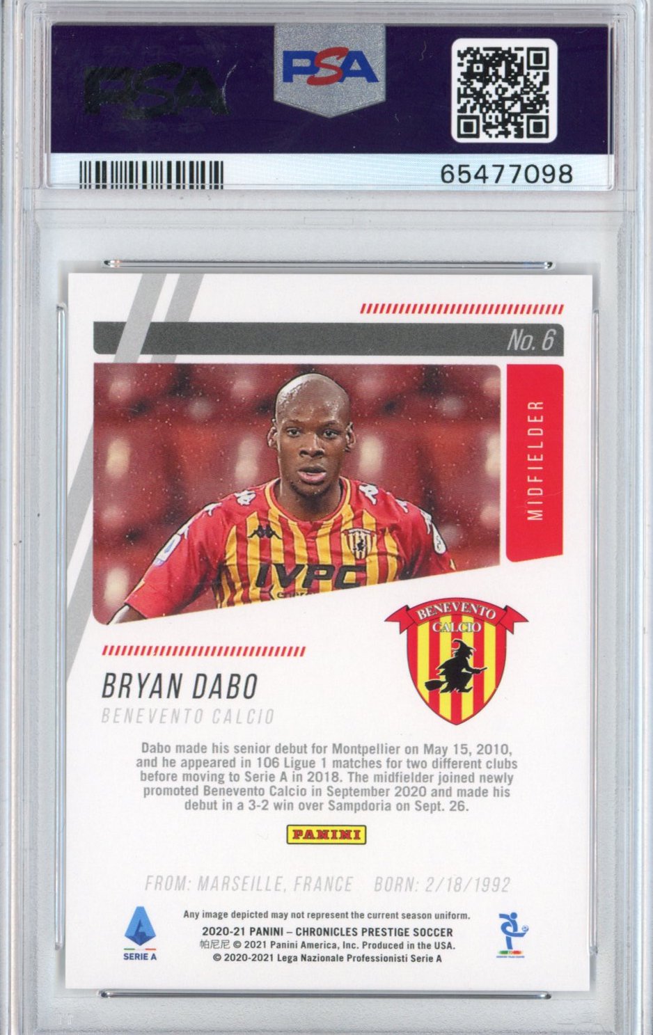 Graded 2020 Panini Chronicles Bryan Dabo #6 Prestige Serie A Cracked Ice Rookie RC Soccer Card PSA 10 Gem Mint