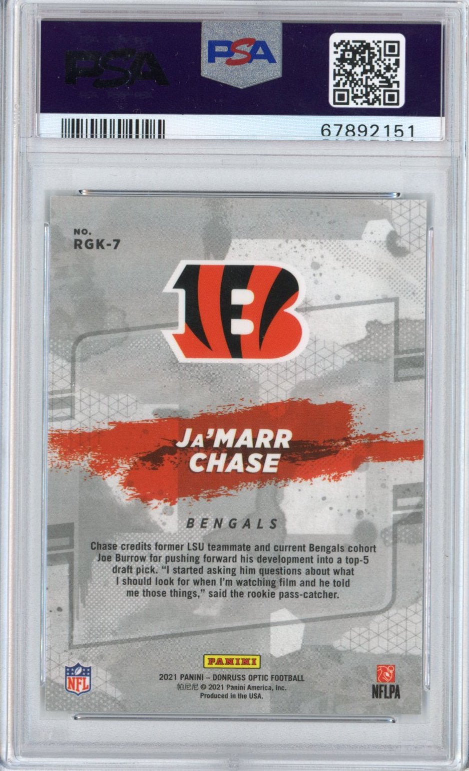 Graded 2021 Panini Donruss Optic Ja'Marr Chase #RGK7 Gridiron Kings Rookie RC Football Card PSA 10 Gem Mint