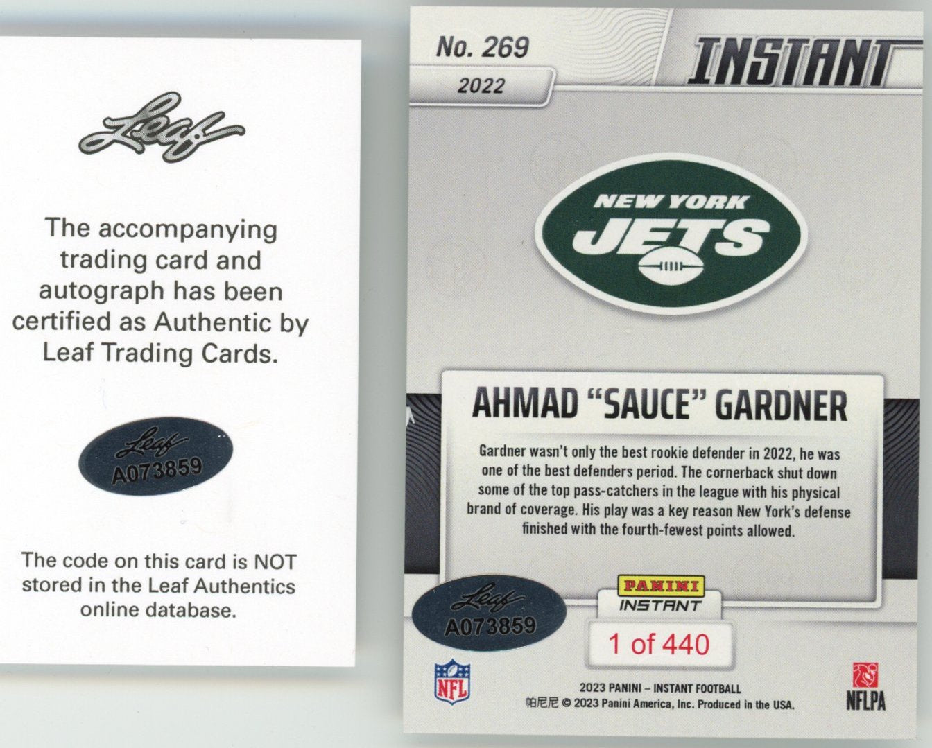 Autographed/Signed 2022 Panini Instant Ahmad Sauce Gardner #269 Rookie of the Year RC Auto Football Card Leaf COA