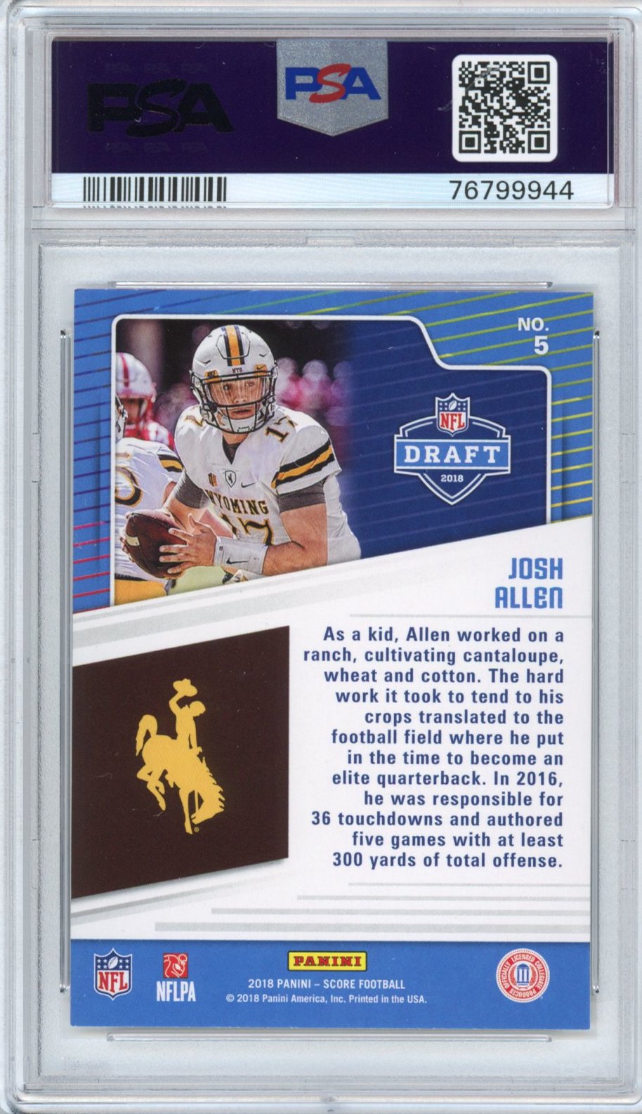 Graded 2018 Panini Score Josh Allen #5 NFL Draft Rookie RC Football Card PSA 9 Mint