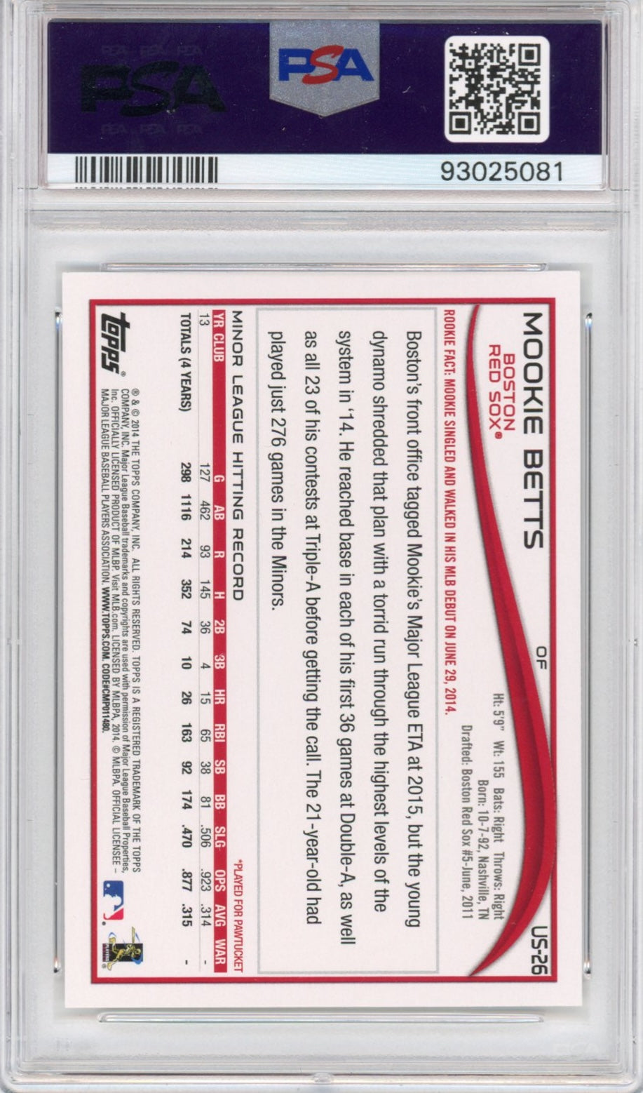 Graded 2014 Topps Update Mookie Betts #US26 Batting Rookie RC Baseball Card PSA 10 Gem Mint