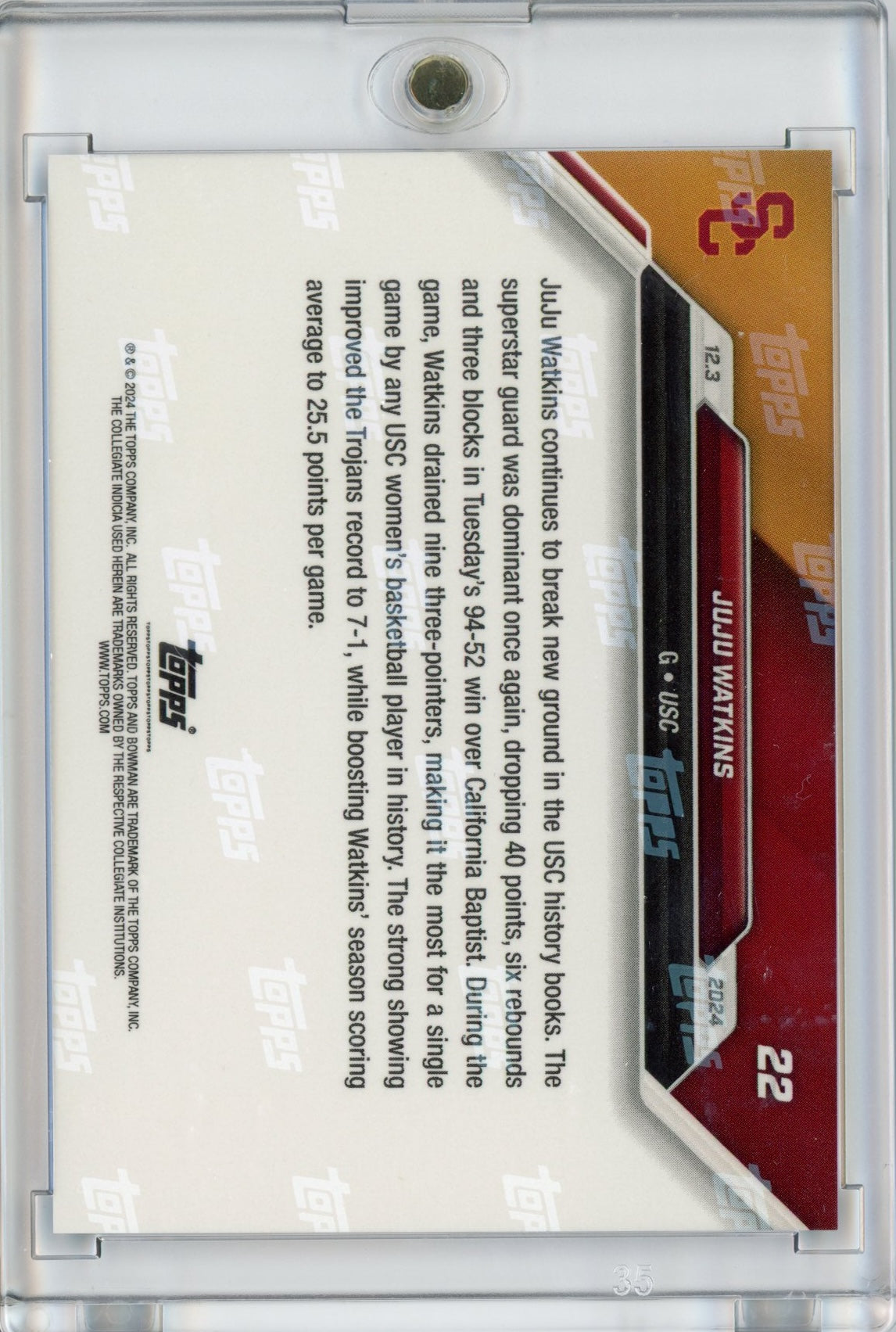 2024 Topps Bowman U Now JuJu Watkins #22 Blue #/49 USC Trojans Rookie RC Basketball Card