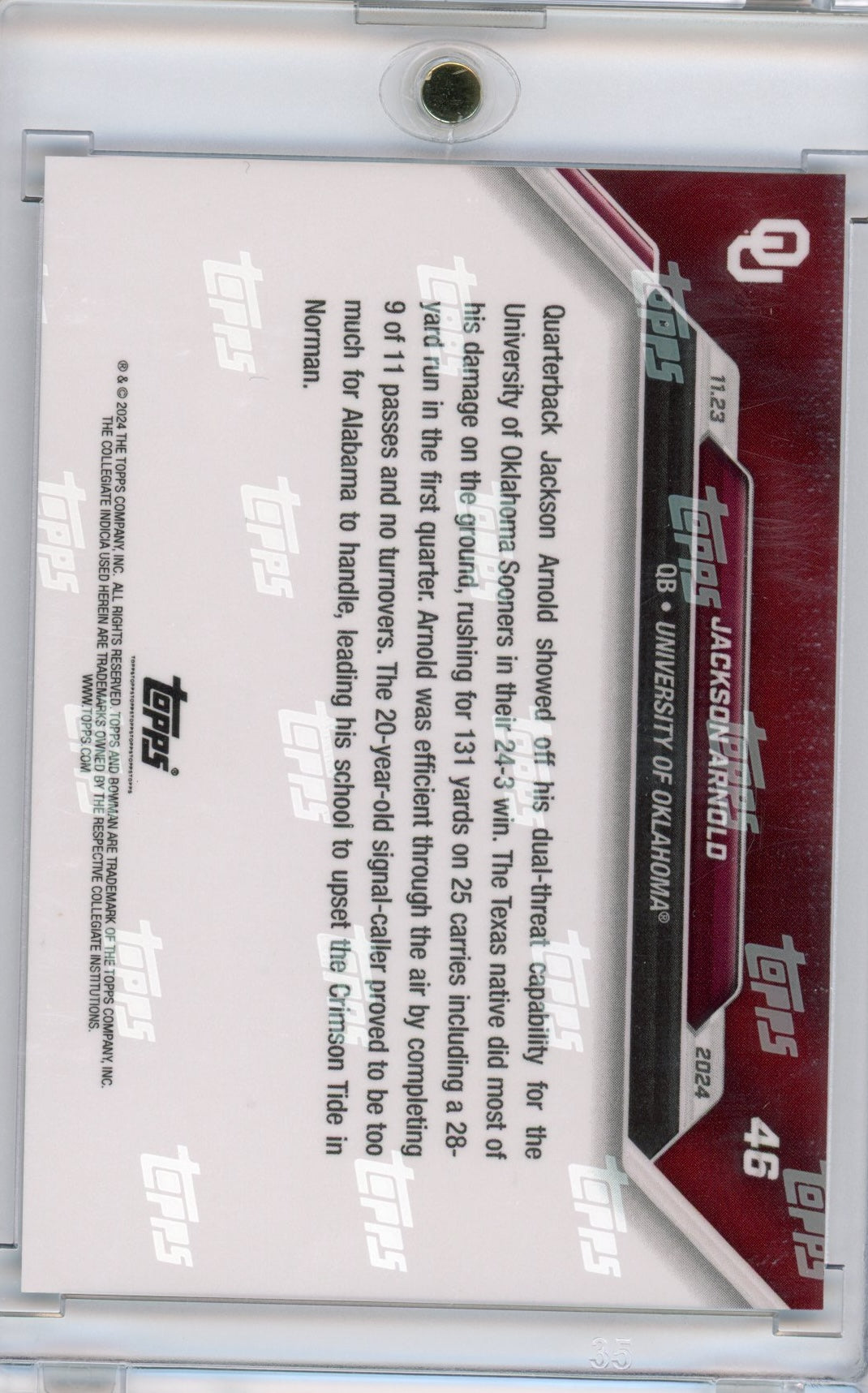 2024 Topps Bowman U Now Jackson Arnold #46 Orange #/5 Oklahoma Sooners Rookie RC Football Card