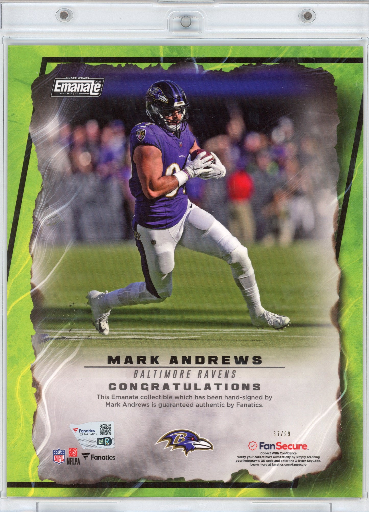 Autographed/Signed 2024 Under Wraps Emanate Mark Andrews Green Baltimore Ravens /99 8x10 Football Card Photo Fanatics COA