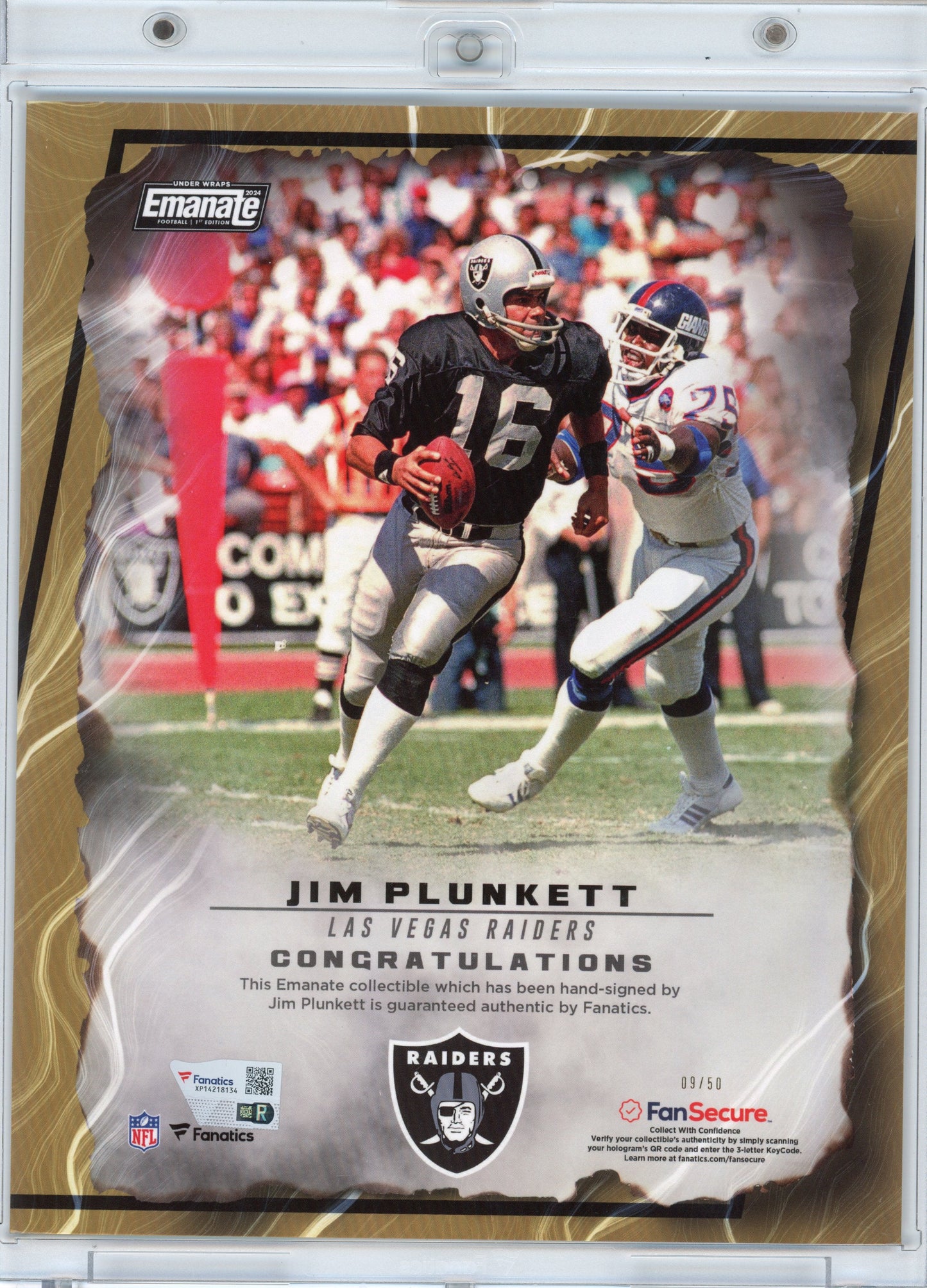 Autographed/Signed 2024 Under Wraps Emanate Jim Plunkett Oakland Raiders Gold /50 8x10 Football Card Photo Fanatics COA