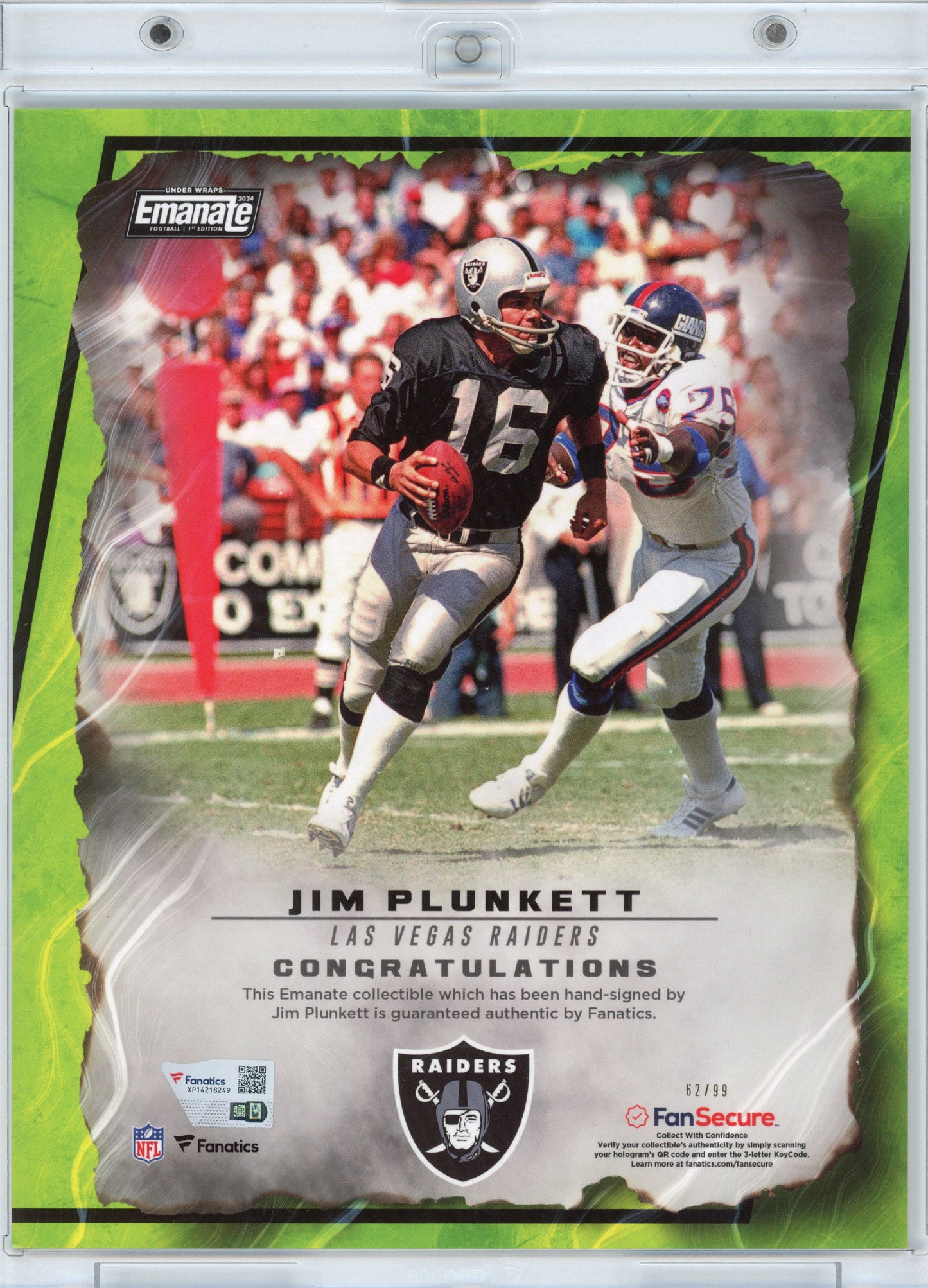 Autographed/Signed 2024 Under Wraps Emanate Jim Plunkett Oakland Raiders Green /99 8x10 Football Card Photo Fanatics COA