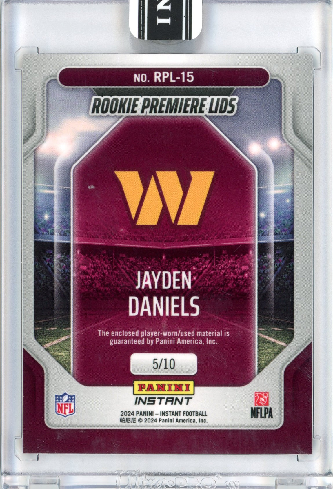 2024 Panini Instant Jayden Daniels #RPL-15 Rookie Premiere Lids #/10 Rookie RC Football Card
