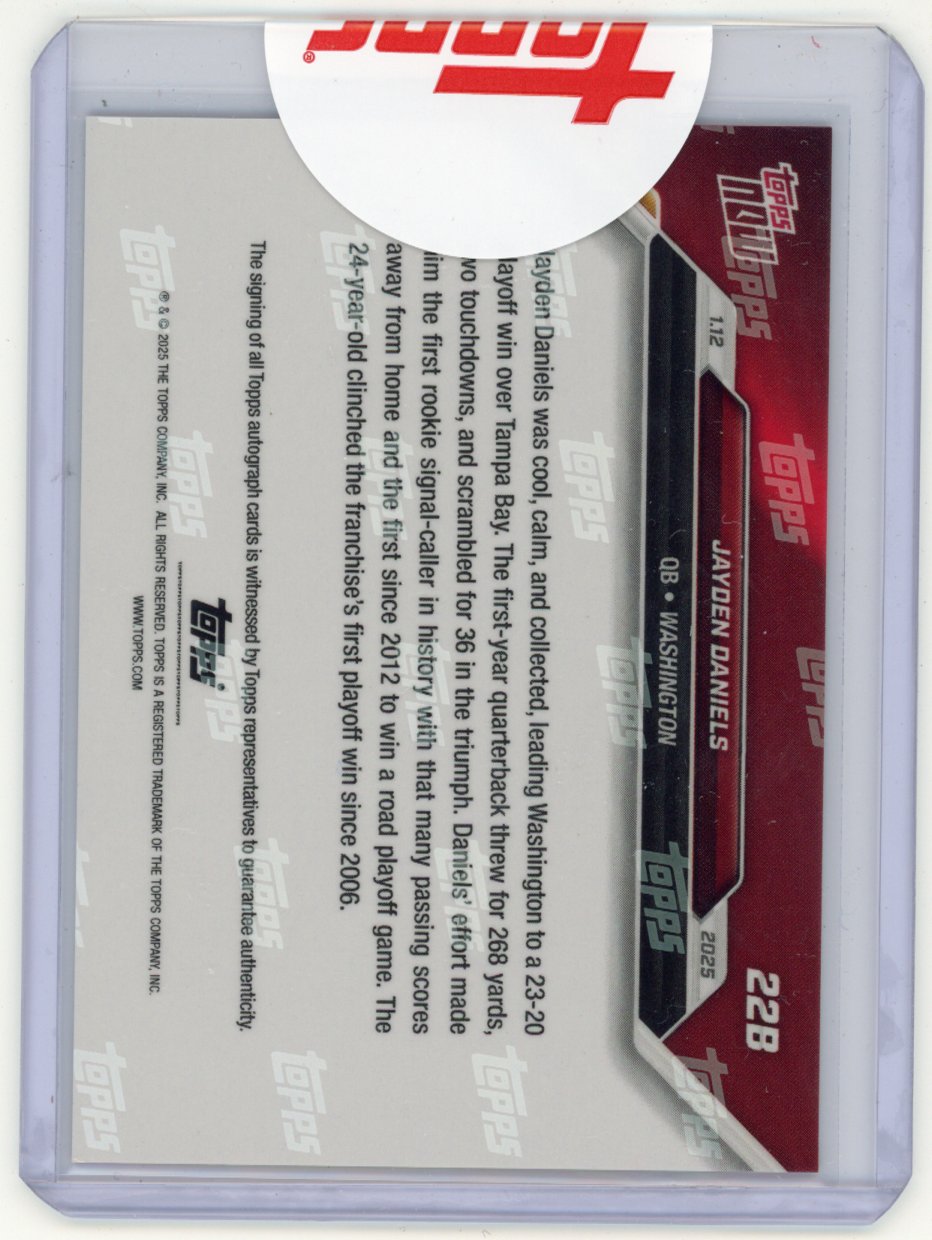 2024 Topps Now Jayden Daniels #22B 1st Playoff Win Orange Auto /5 Washington Commanders Rookie RC Football Card