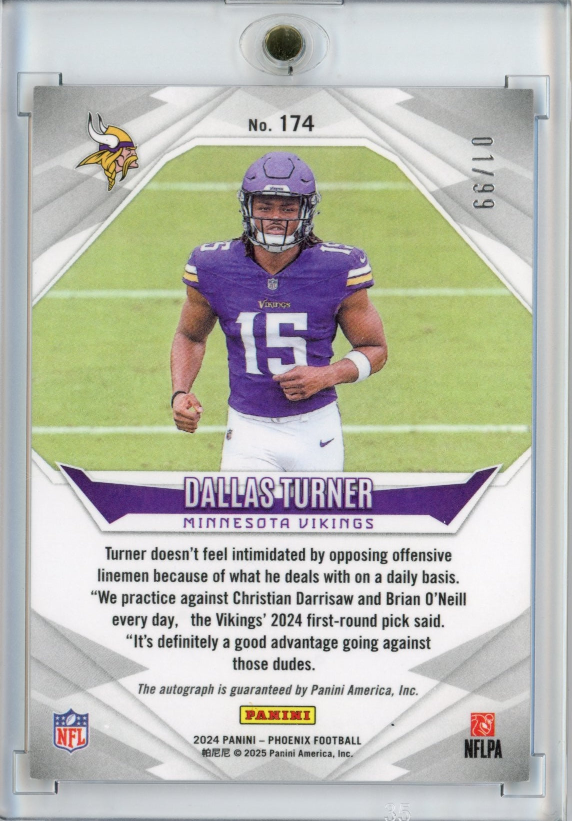 2024 Panini Phoenix Dallas Turner #174 Red Autograph /99 Rookie RC Football Card