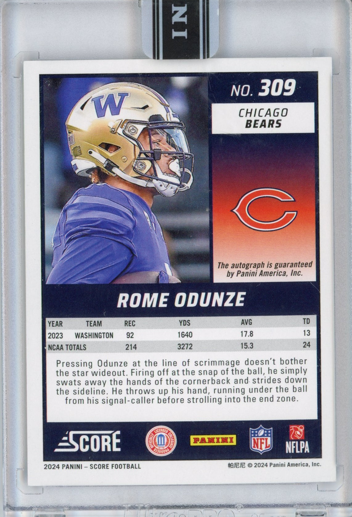 2024 Panini Score Rome Odunze #309 Artists Proof Auto /35 Rookie RC Football Card