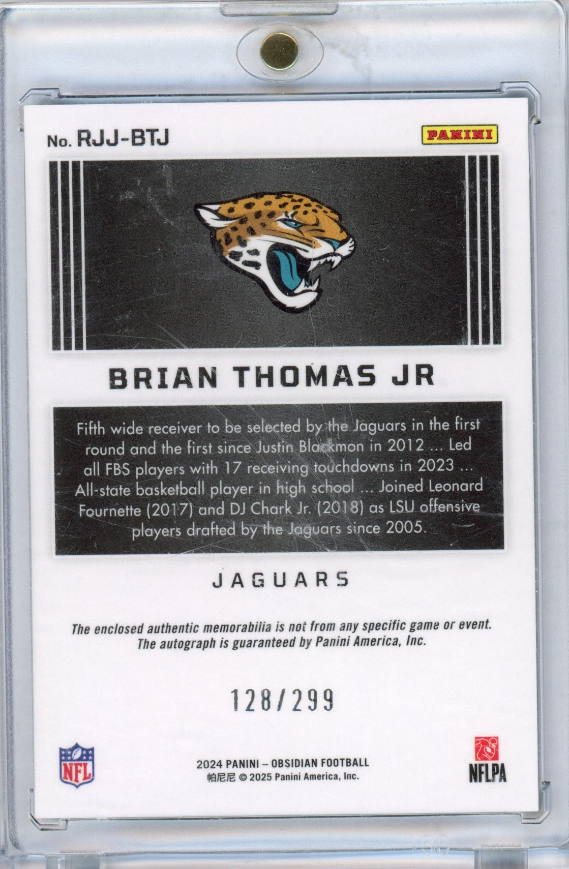 2024 Panini Obsidian Brian Thomas Jr #RJJBTJ Rookie Patch Auto /299 Rookie RC Football Card