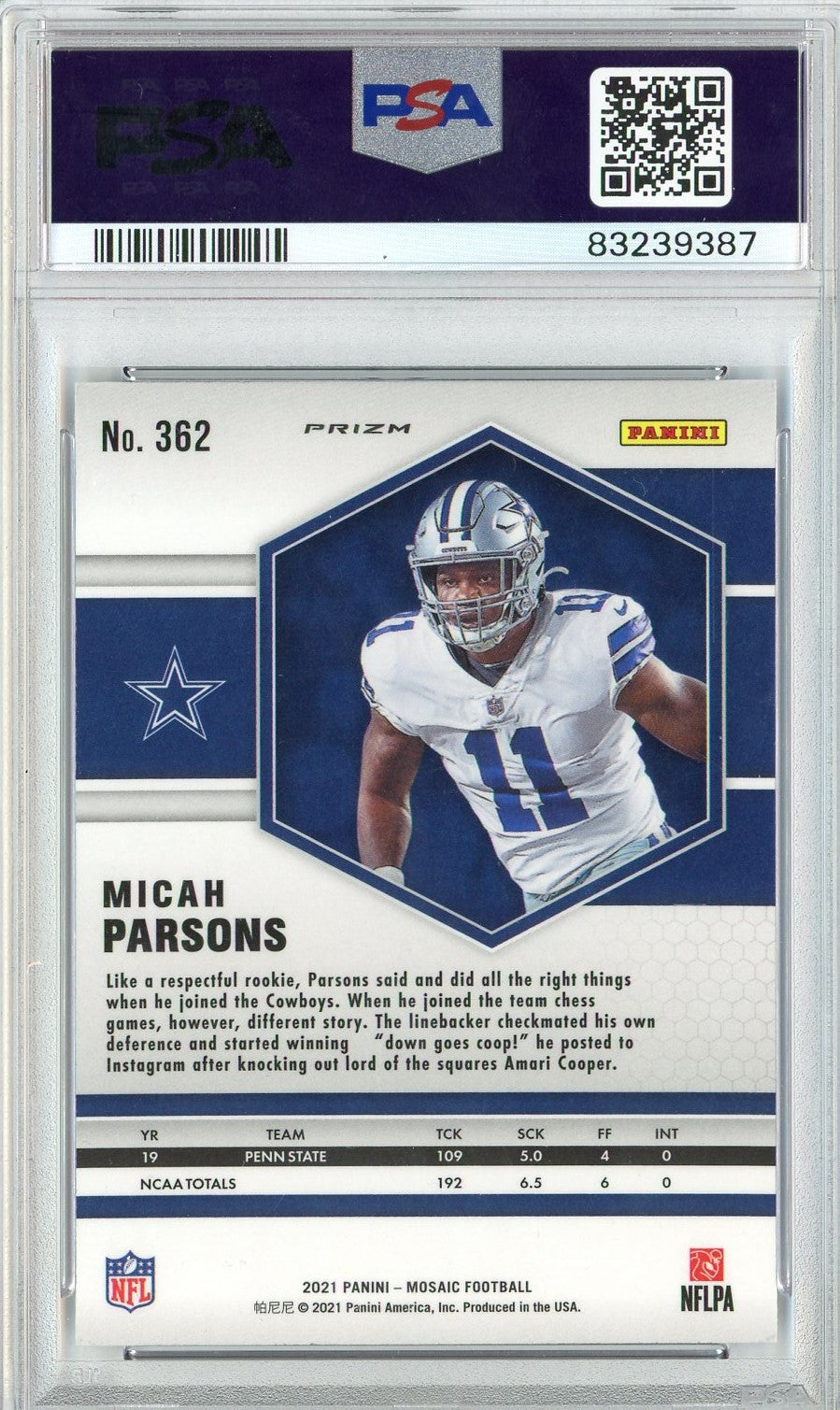 Graded 2021 Panini Mosaic Micah Parsons #362 Reactive Blue Rookie RC Football Card PSA 10 Gem Mint