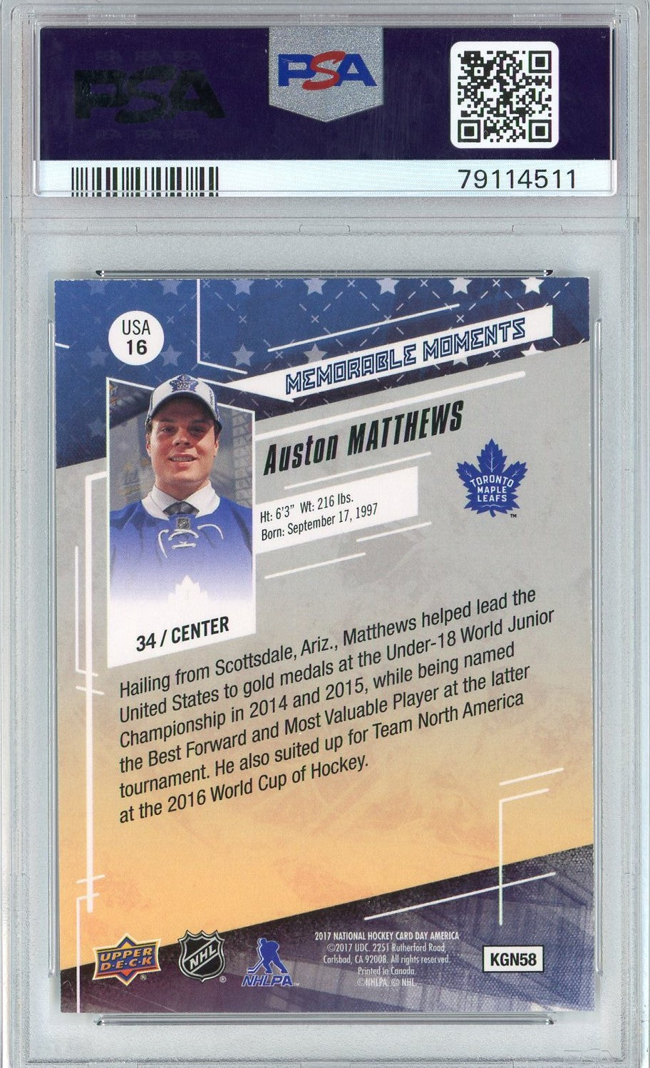 Graded 2017 UD National Hockey Auston Matthews #USA16 Card Day USA Rookie RC Hockey Card PSA 10 Gem Mint