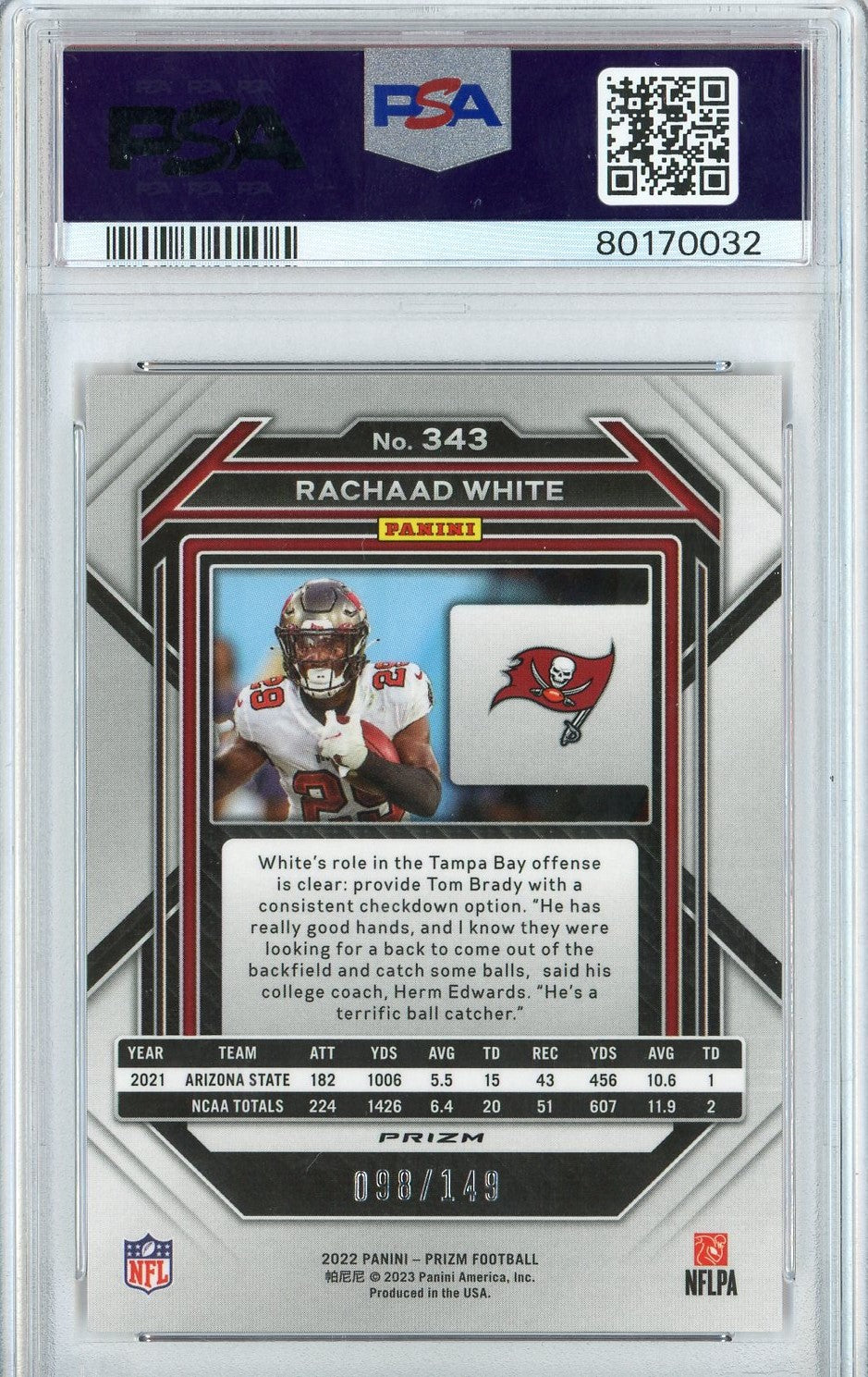 Graded 2022 Panini Prizm Rachaad White #343 Red Wave Rookie RC Football Card PSA 10 Gem Mint