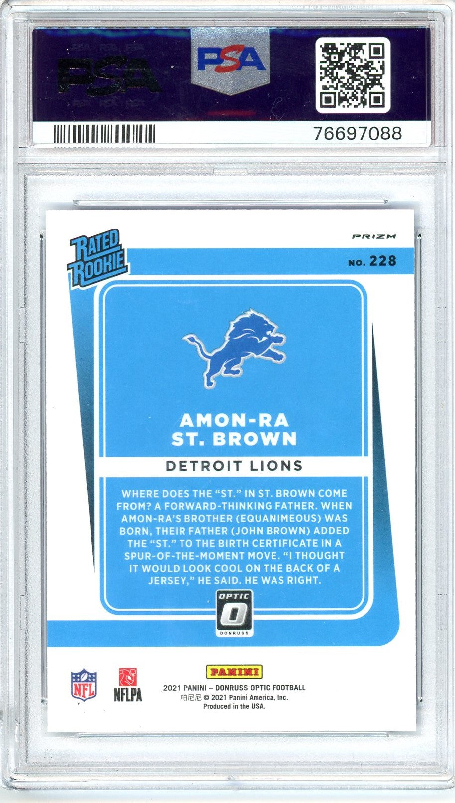 Graded 2021 Panini Donruss Optic Amon-Ra St. Brown #228 Blue Scope Rookie RC Football Card PSA 10 Gem Mint