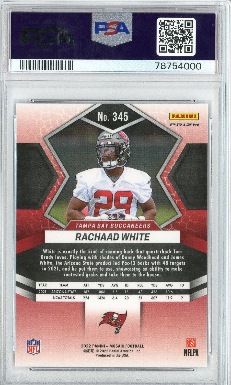 Graded 2022 Mosaic Rachaad White #345 Blue Sparkle Rookie RC Football Card PSA 10 Gem Mint