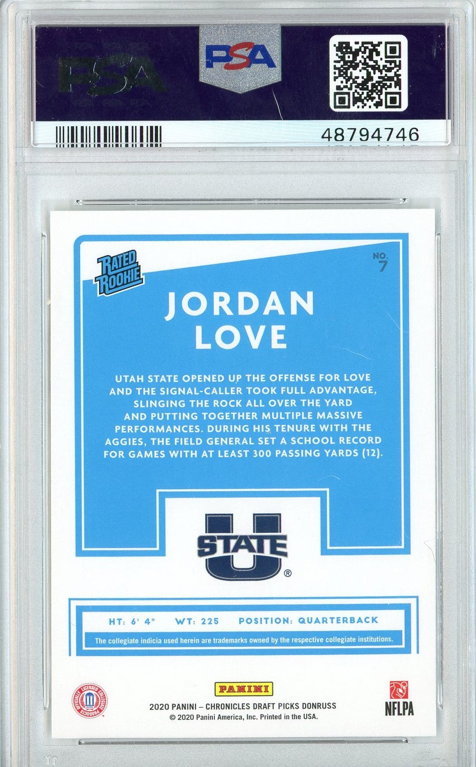 Graded 2020 Panini Chronicles DP Jordan Love #7 Donruss Rookie RC Football Card PSA 10 Gem Mint